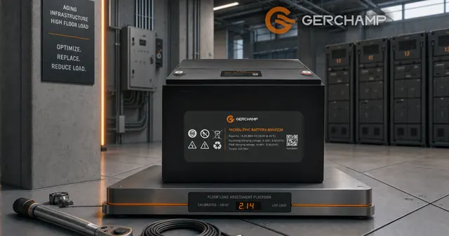 Gerchamp Nickel-Zinc 8XNFZ38 battery presented in a premium data-center battery room above a visibly reduced-load floor platform.