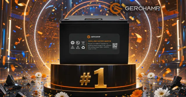 A pristine Gerchamp 8XNFZ38 nickel-zinc battery sits on a gold-lit number-one awards pedestal amid confetti and flowers, symbolizing safe, runaway-free UPS power.