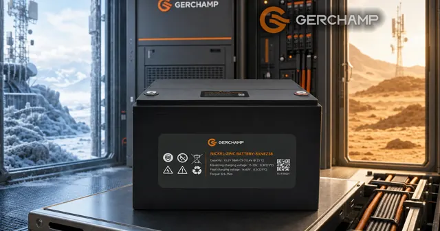 A black Gerchamp 8XNFZ38 nickel-zinc battery rests heroically inside a premium remote telecom power shelter, framed between cool frost outside and warm desert light beyond, illustrating reliable operation across extreme temperatures.
