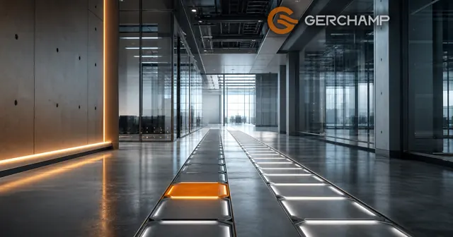 A premium data center corridor with a continuous illuminated pathway interrupted by one amber-lit floor segment, symbolizing how a single weak link can compromise an entire power string while a stable parallel pathway continues forward.