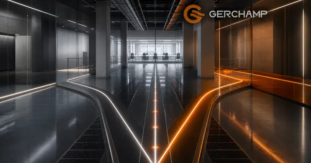 A premium data center corridor transformed into a visual decision framework, with three illuminated pathways representing battery technology choices and subtle environmental cues for safety, space, lifespan, and compatibility.