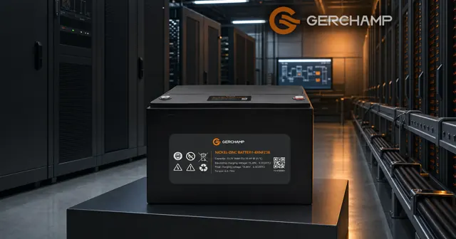 A Gerchamp nickel-zinc battery sits heroically in a premium data center UPS room, illuminated by cool architectural light with a restrained amber safety accent.