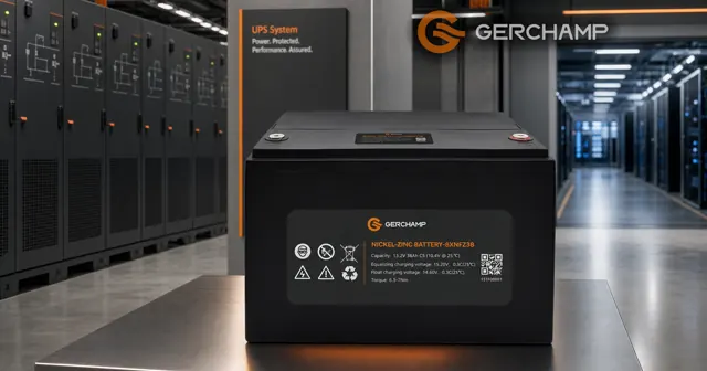 A black GERCHAMP Nickel-Zinc Battery-8XNFZ38 module displayed prominently on a clean service platform inside a premium data-center UPS room, with cool gray infrastructure and restrained orange accent lighting.