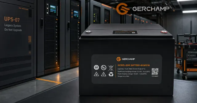 A black Gerchamp 8XNFZ38 nickel-zinc battery displayed prominently in a premium legacy data center UPS room, with server racks and an illuminated battery installation behind it.