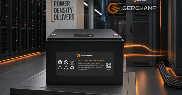 Gerchamp Nickel-Zinc battery shown prominently in a premium data-center UPS room, symbolizing high power density for rapidly changing AI workloads.