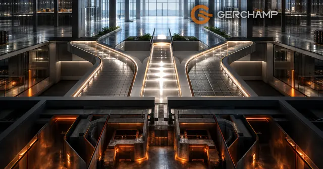 Premium architectural visualization of a high-density data center interior with three contrasting illuminated pathways representing space, energy, and maintenance pressures, alongside a brighter efficient future zone.
