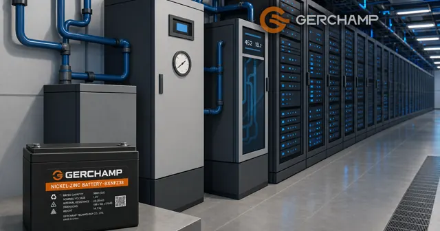 A premium data center aisle with a dark UPS cabinet in the foreground, rows of blue-lit server racks behind it, and a nickel-zinc battery module presented as a compact replacement solution.