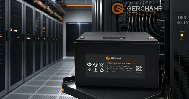 A black Gerchamp 8XNFZ38 nickel-zinc battery displayed heroically on a UPS room service tray in a modern data center, with cool gray infrastructure and restrained orange accent lighting.