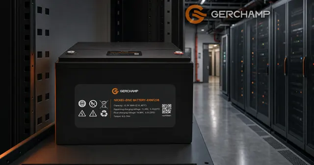 Gerchamp Nickel-Zinc 8XNFZ38 battery presented on a precision rack shelf inside a premium data center retrofit environment, with traditional battery-room infrastructure receding behind it.