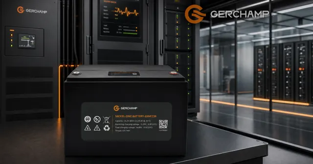 Gerchamp 8XNFZ38 nickel-zinc battery presented on a premium UPS service platform in a modern data-center power room, with restrained orange lighting accents and monitoring equipment in the background.