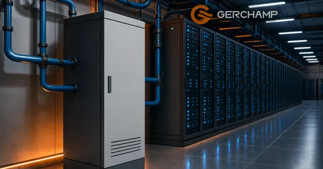 A premium liquid-to-air cooling distribution unit stands beside a dense AI data-center rack row, connected by blue coolant piping under balanced industrial lighting.